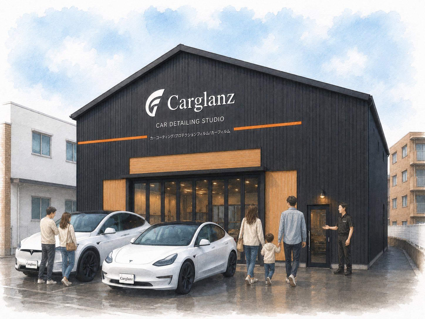 Carglanz 新店舗のイメージ（大分市畑中・移転オープンの賑わい）